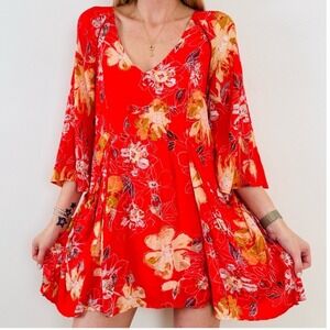Free People On You Floral Print Mini Dress Lined Pockets Red Mini Dress Size 6
